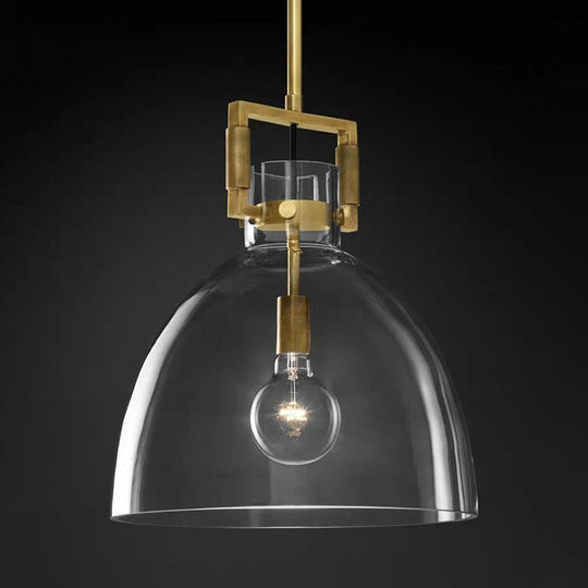Lampe suspendue postmoderne à 1 tête en laiton, dôme/globe/cône avec abat-jour en verre transparent, 12"/12,5"/14" de large