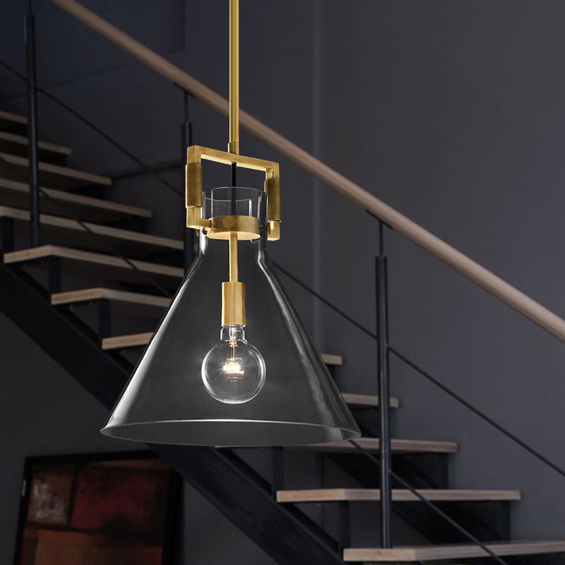 Lampe suspendue postmoderne à 1 tête en laiton, dôme/globe/cône avec abat-jour en verre transparent, 12"/12,5"/14" de large