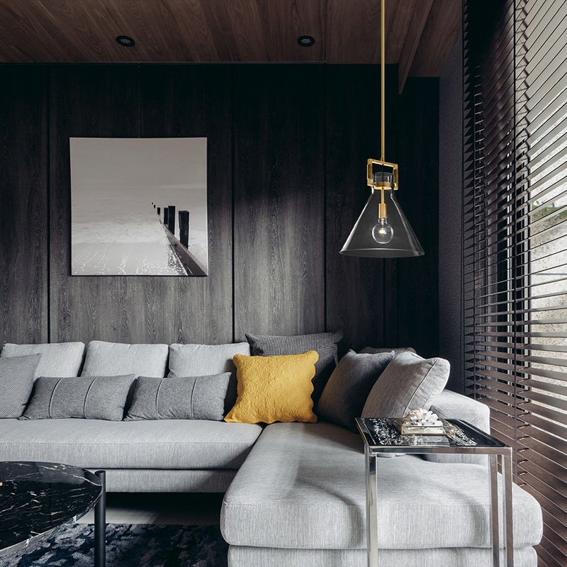 Lampe suspendue postmoderne à 1 tête en laiton, dôme/globe/cône avec abat-jour en verre transparent, 12"/12,5"/14" de large