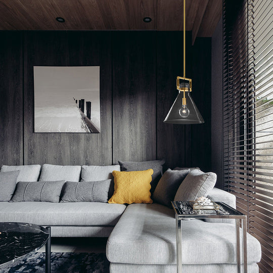 Lampe suspendue postmoderne à 1 tête en laiton, dôme/globe/cône avec abat-jour en verre transparent, 12"/12,5"/14" de large