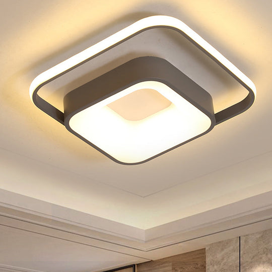 Minimalist LED Ceiling Light, Square Metal Fixture with Stepless Dimming and Remote Control in Natural Gray/White