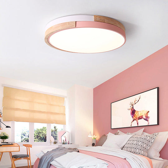 Contemporary LED Metal Circle Flush Light with Acrylic Diffuser in Warm/White Light - Pink/Yellow/Blue Ceiling Mounted Fixture