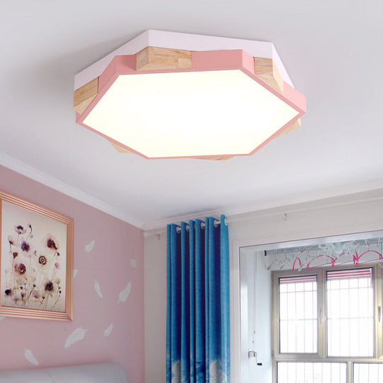 Hexagon LED Flushmount Ceiling Lamp in Pink/Yellow/Blue with Metal Shade, Warm/White Light