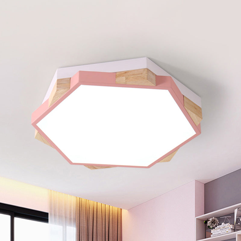 Hexagon Led Flushmount Ceiling Lamp In Pink/Yellow/Blue With Metal Shade Warm/White Light Pink /