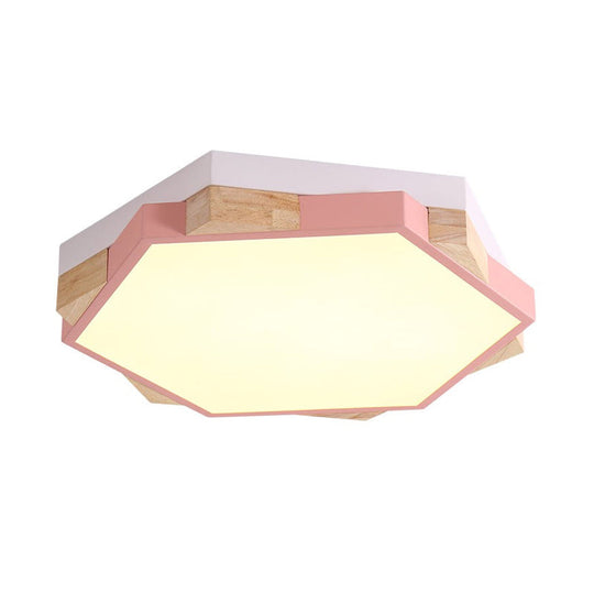 Hexagon LED Flushmount Ceiling Lamp in Pink/Yellow/Blue with Metal Shade, Warm/White Light