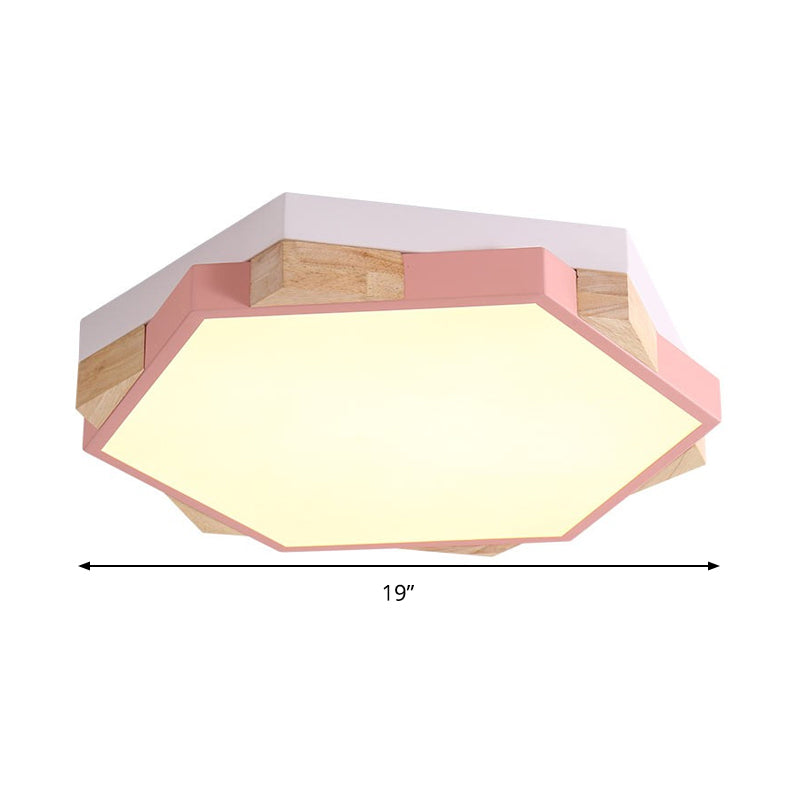 Hexagon LED Flushmount Ceiling Lamp in Pink/Yellow/Blue with Metal Shade, Warm/White Light