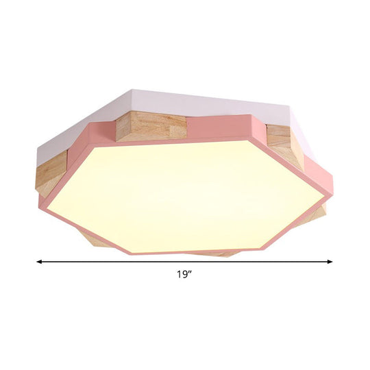 Hexagon Led Flushmount Ceiling Lamp In Pink/Yellow/Blue With Metal Shade Warm/White Light