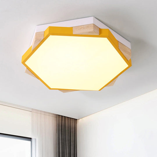 Hexagon LED Flushmount Ceiling Lamp in Pink/Yellow/Blue with Metal Shade, Warm/White Light