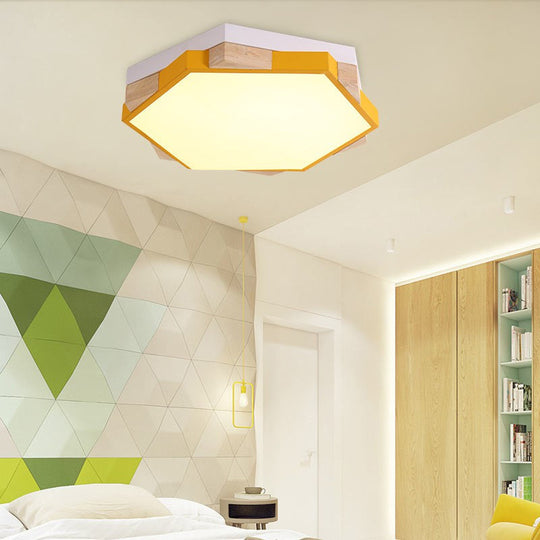 Hexagon LED Flushmount Ceiling Lamp in Pink/Yellow/Blue with Metal Shade, Warm/White Light