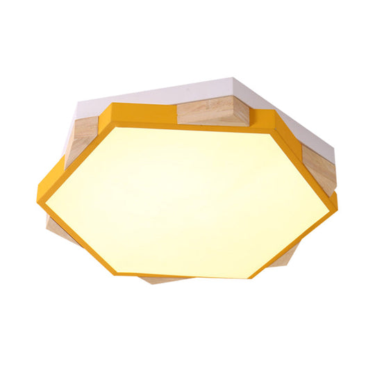 Hexagon LED Flushmount Ceiling Lamp in Pink/Yellow/Blue with Metal Shade, Warm/White Light