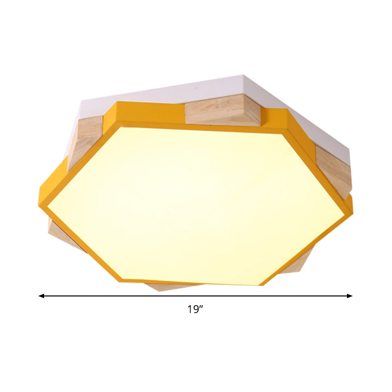 Hexagon LED Flushmount Ceiling Lamp in Pink/Yellow/Blue with Metal Shade, Warm/White Light