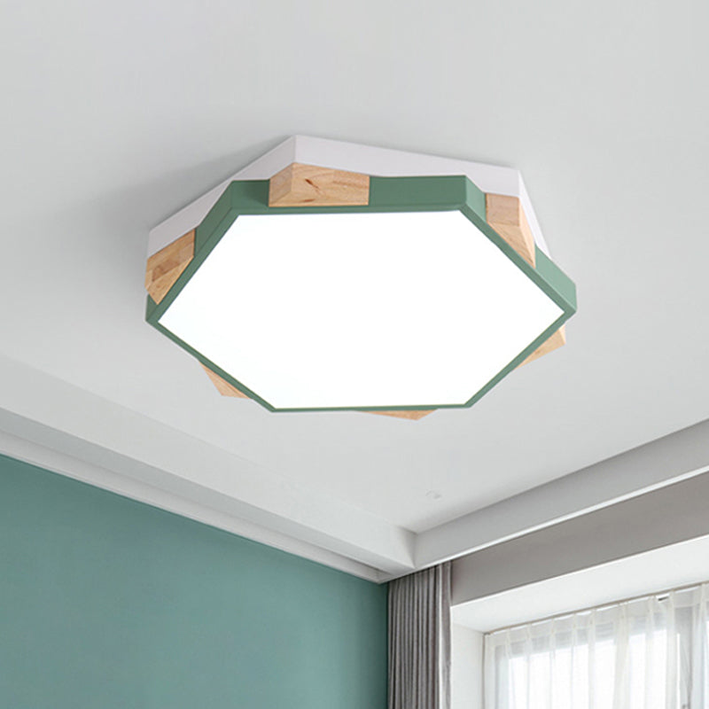 Hexagon LED Flushmount Ceiling Lamp in Pink/Yellow/Blue with Metal Shade, Warm/White Light