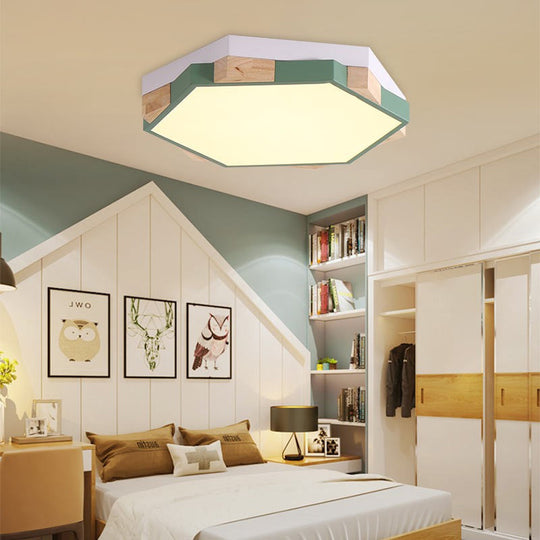 Hexagon LED Flushmount Ceiling Lamp in Pink/Yellow/Blue with Metal Shade, Warm/White Light