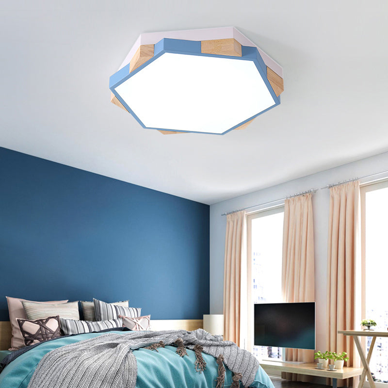 Hexagon LED Flushmount Ceiling Lamp in Pink/Yellow/Blue with Metal Shade, Warm/White Light