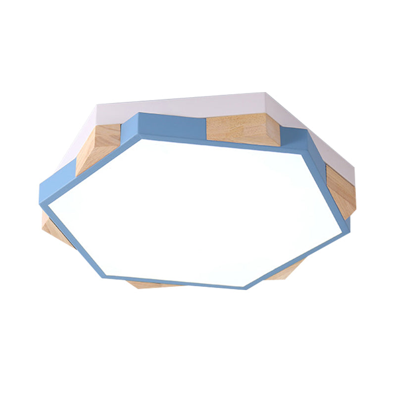 Hexagon LED Flushmount Ceiling Lamp in Pink/Yellow/Blue with Metal Shade, Warm/White Light