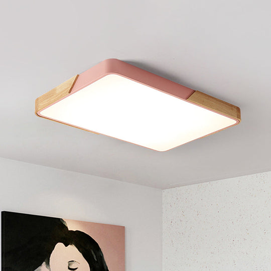 Modern Metal Flush Light: Rectangle Macaron LED Ceiling Fixture (White/Pink) with Acrylic Diffuser