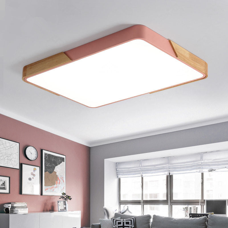 Modern Metal Flush Light: Rectangle Macaron LED Ceiling Fixture (White/Pink) with Acrylic Diffuser