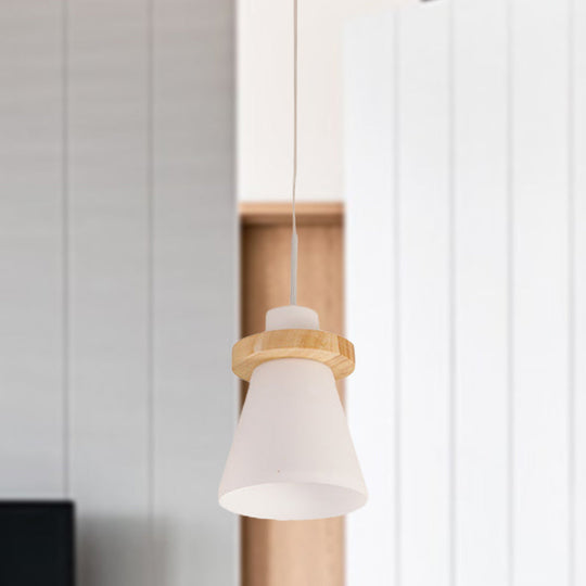 Sleek White Glass Pendant Light With Wood Ring Decoration - Minimalist Design 1