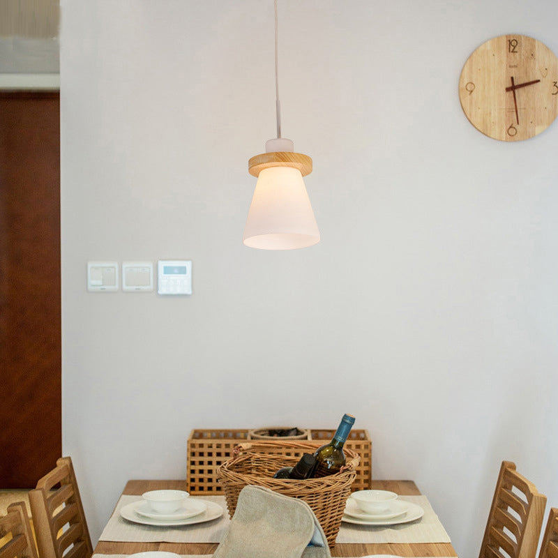 Sleek White Glass Pendant Light With Wood Ring Decoration - Minimalist Design 1