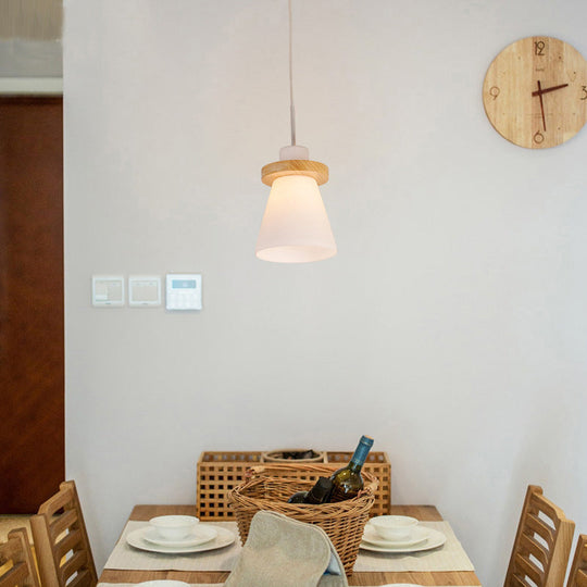 Sleek White Glass Pendant Light With Wood Ring Decoration - Minimalist Design 1