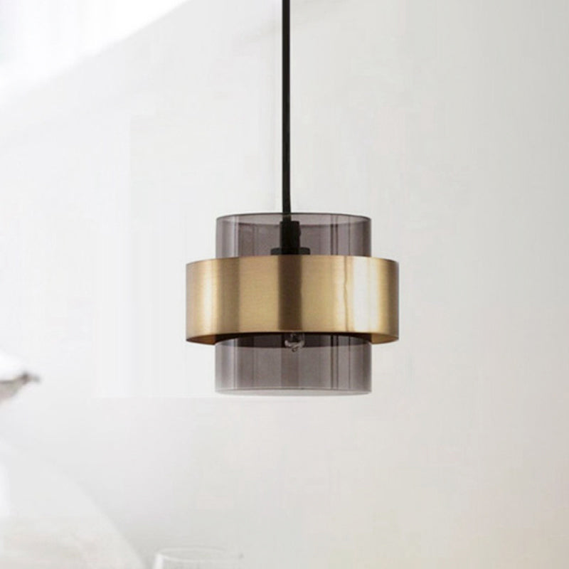 Modern Smoke Gray Glass Cylinder Pendant Light With Gold Accents