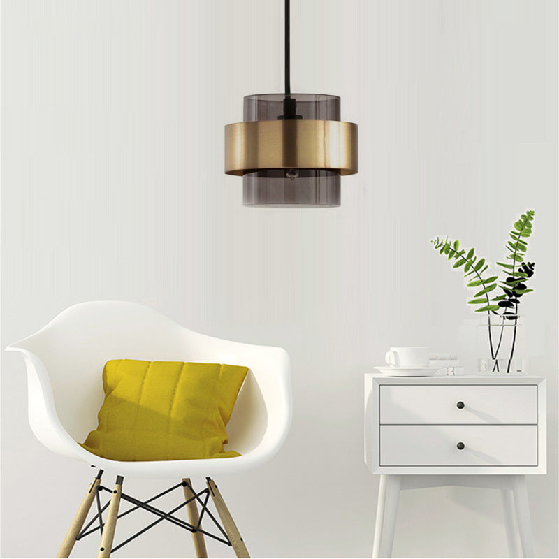 Modern Smoke Gray Glass Cylinder Pendant Light With Gold Accents