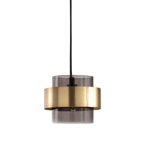 Modern Smoke Gray Glass Cylinder Pendant Light With Gold Accents
