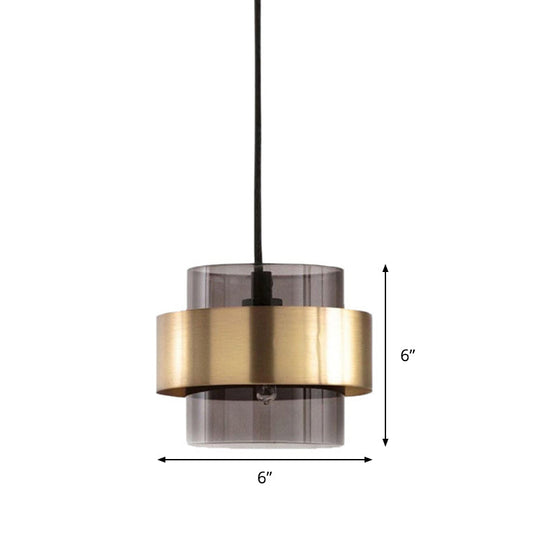 Modern Smoke Gray Glass Cylinder Pendant Light With Gold Accents