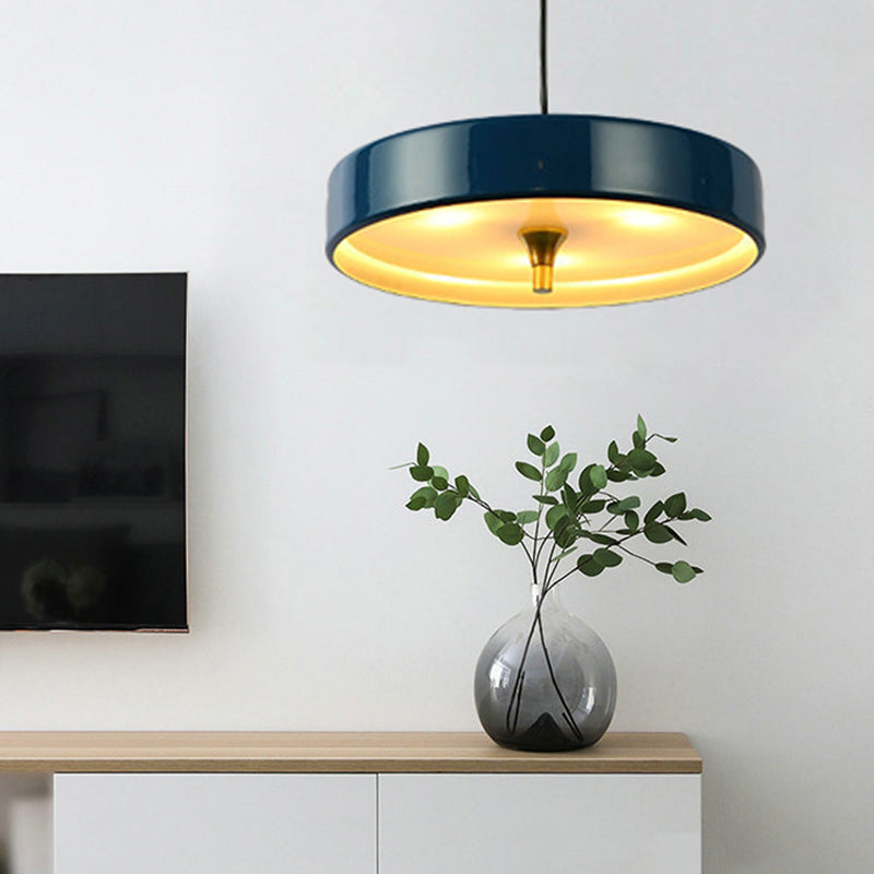 Modern Disk Pendant Light - Blue/White/Black Metal - Hanging Lamp for Bedroom