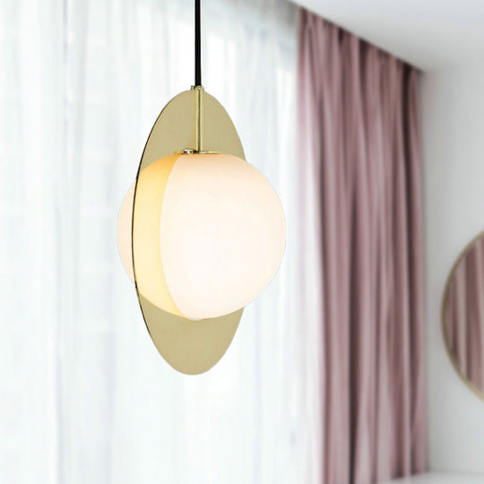 Modern Glass Pendant Lamp with Gold Ring - Globe White, 1 Head Ceiling Hanging Light