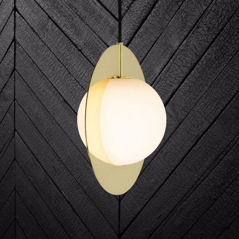 White Glass Pendant Lamp With Gold Ring - Modern Hanging Ceiling Light