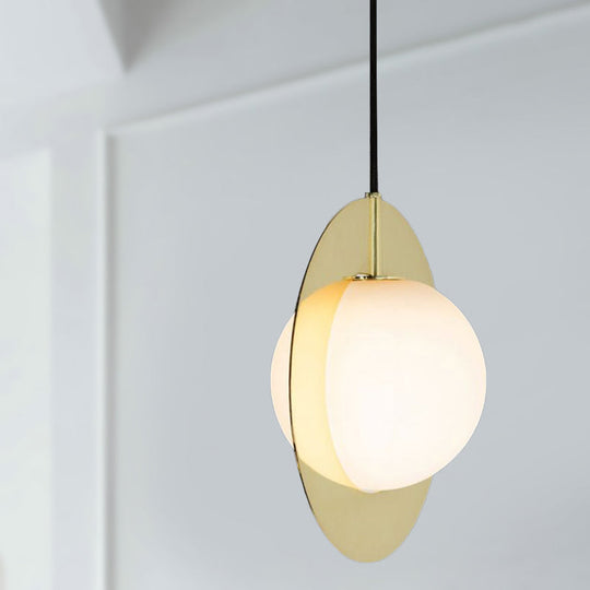 Modern Glass Pendant Lamp with Gold Ring - Globe White, 1 Head Ceiling Hanging Light
