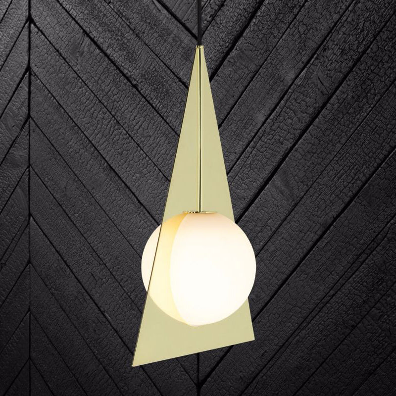 Modern Metal 1 Head Gold Triangle Ceiling Pendant Light With Globe White Glass Shade