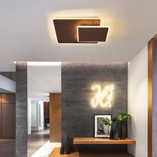 Plafonnier LED carré moderne à encastrer, acrylique blanc/café, 16"/19,5" de large, éclairage chaud/blanc