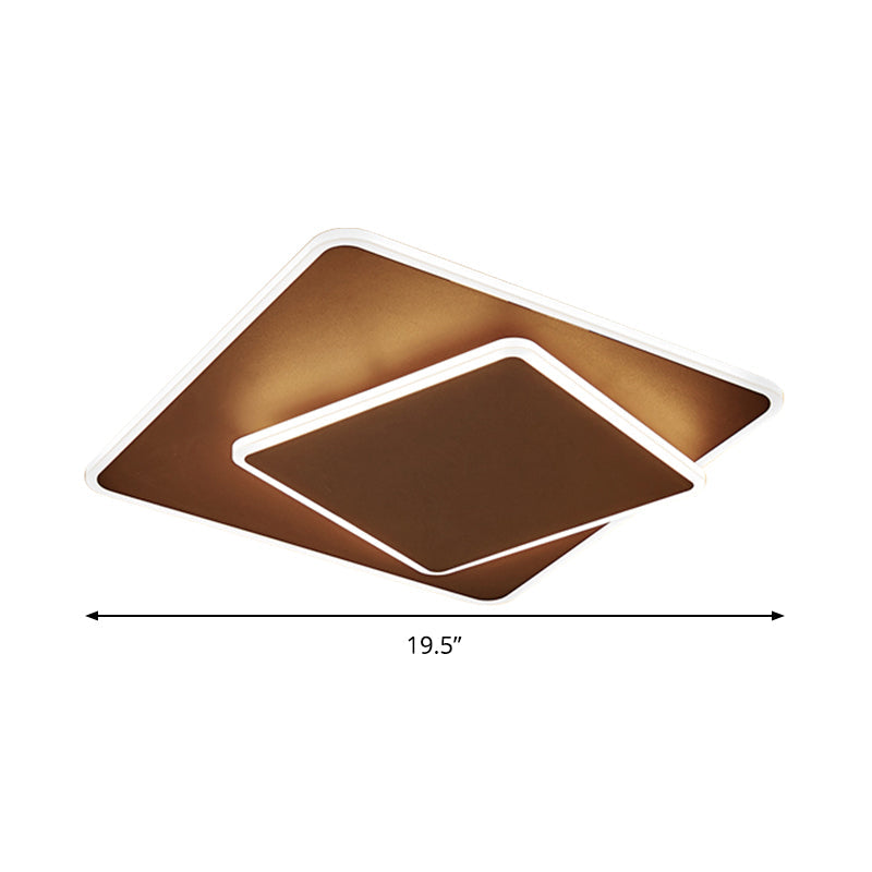 Plafonnier LED carré moderne à encastrer, acrylique blanc/café, 16"/19,5" de large, éclairage chaud/blanc