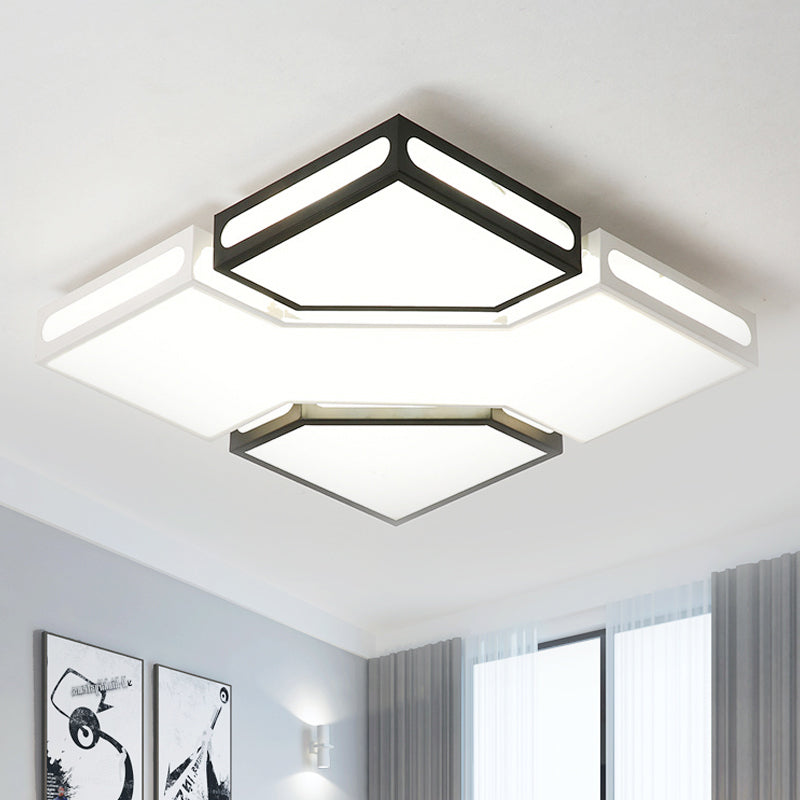 Modern LED Square Flush Lamp with Acrylic Ceiling Light Fixture - Black and White Design, White/3 Color Light