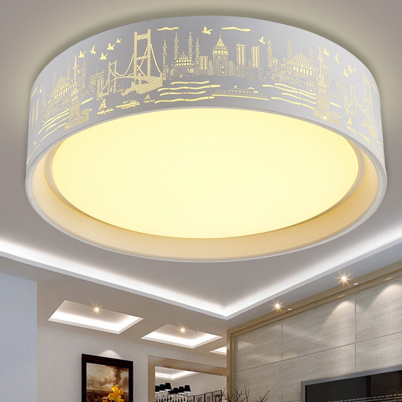 16.5"/20.5" Modern White Carved Metal Drum Flush Lamp with Metropolis Scene - LED Ceiling Light, Warm/White Light, Remote Control Dimming