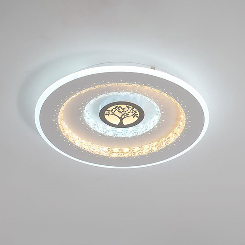 Modern White Round Crystal LED Ceiling Light with Tree Pattern - Flushmount Lighting in White/Warm Light