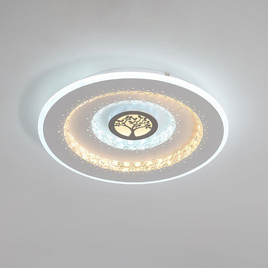 Modern White Round Crystal LED Ceiling Light with Tree Pattern - Flushmount Lighting in White/Warm Light