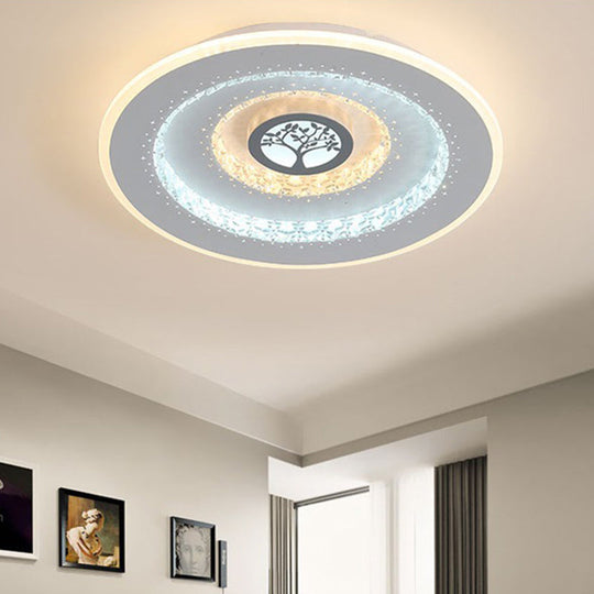 Modern White Round Crystal Led Ceiling Light With Tree Pattern - Flushmount Lighting In White/Warm /