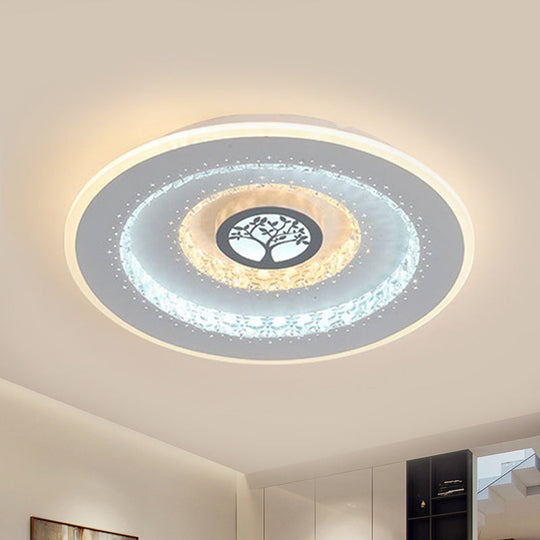 Modern White Round Crystal LED Ceiling Light with Tree Pattern - Flushmount Lighting in White/Warm Light