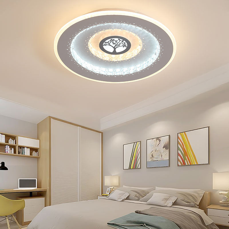 Modern White Round Crystal LED Ceiling Light with Tree Pattern - Flushmount Lighting in White/Warm Light