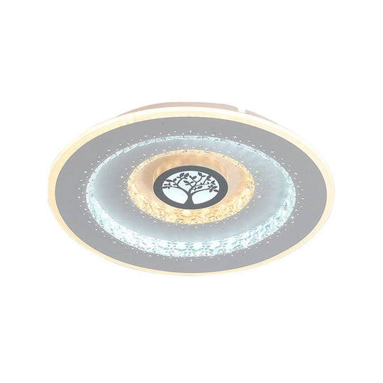 Modern White Round Crystal LED Ceiling Light with Tree Pattern - Flushmount Lighting in White/Warm Light