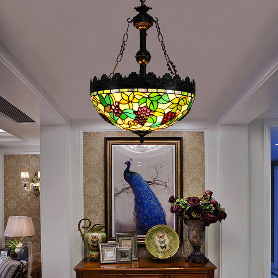 Green Tiffany Stained Glass Chandelier with 3 Lights - Grape Design Pendant for Living Room