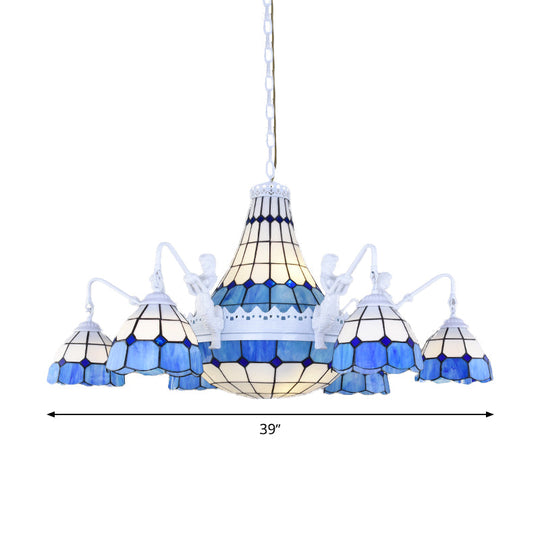 White Stained Glass Chandelier With Grid Pattern - 13 Lights Baroque Suspension Pendant