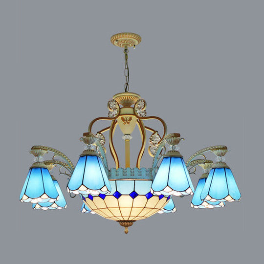 Baroque Style Stained Glass Pendant Chandelier - Wide Cone 8/11 Lights 31.5/37.5 White/Blue