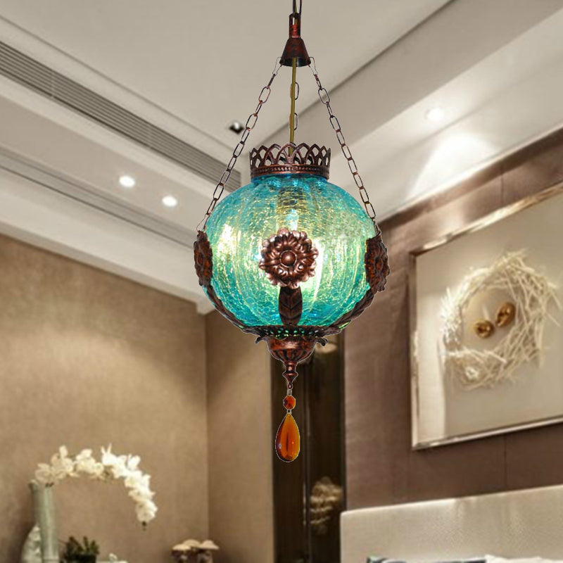 Vintage Blue Crackle Glass Sphere Pendant Light - 1-Light Suspension