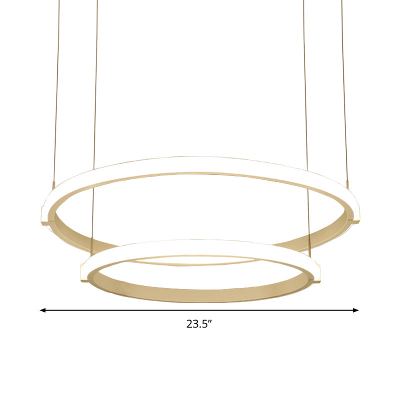 Lustre à double anneau blanc avec plafonnier suspendu à LED - Style simple, lumière chaude/blanche