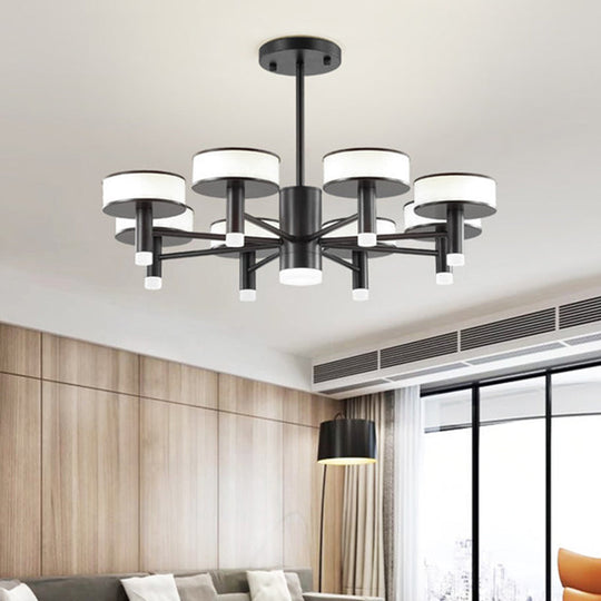 Lustre LED noir moderniste avec abat-jour tambour en acrylique - 6/8 lumières, 3 options d'éclairage de couleur pour le salon