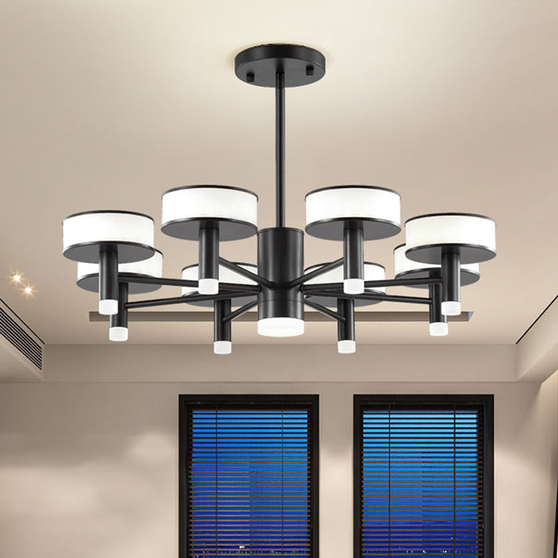Lustre LED noir moderniste avec abat-jour tambour en acrylique - 6/8 lumières, 3 options d'éclairage de couleur pour le salon